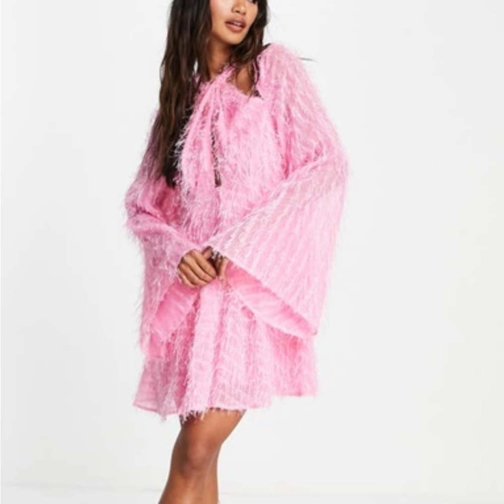 ASOS-Pink Faux Feather Twist Nexk Cutout Long Wide Sleeve Mini Swing Style Dress
